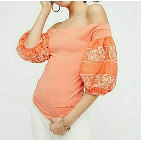 Free People | Women | Rock With It Coral Puff Sleeve Off Shoulder Top | XS - Picture 12 of 13